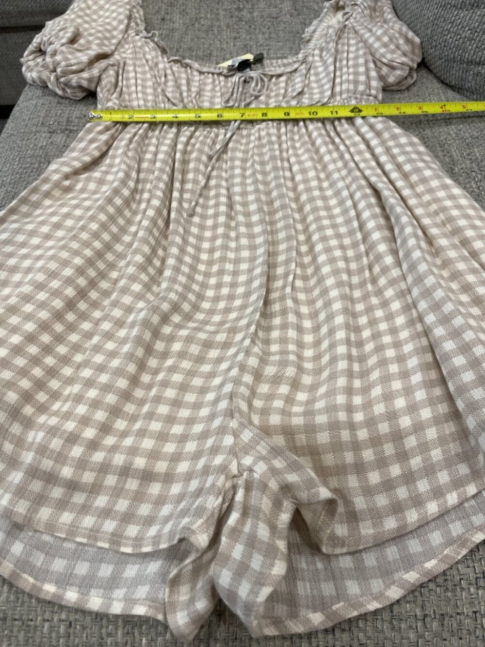 Gingham Babydoll Romper Rouched Back Puff Sleeve Pockets Elastic Waist Milkmaid - Picture 14 of 16